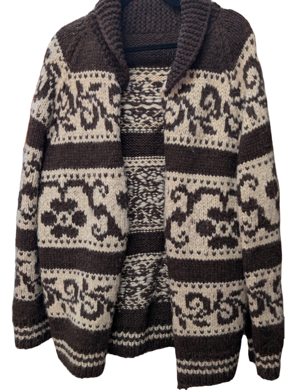 Cowichan Knit Wool Brown and Cream Patterned Chunky Knit Cardigan